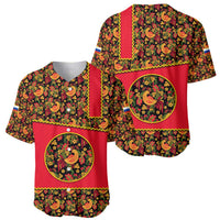 Russia Folk Art Baseball Jersey with Khokhloma Pattern and Traditional Rooster Design