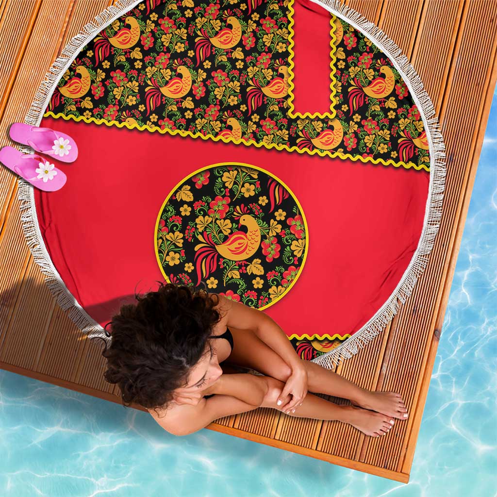 Russia Folk Art Beach Blanket with Khokhloma Pattern and Traditional Rooster Design