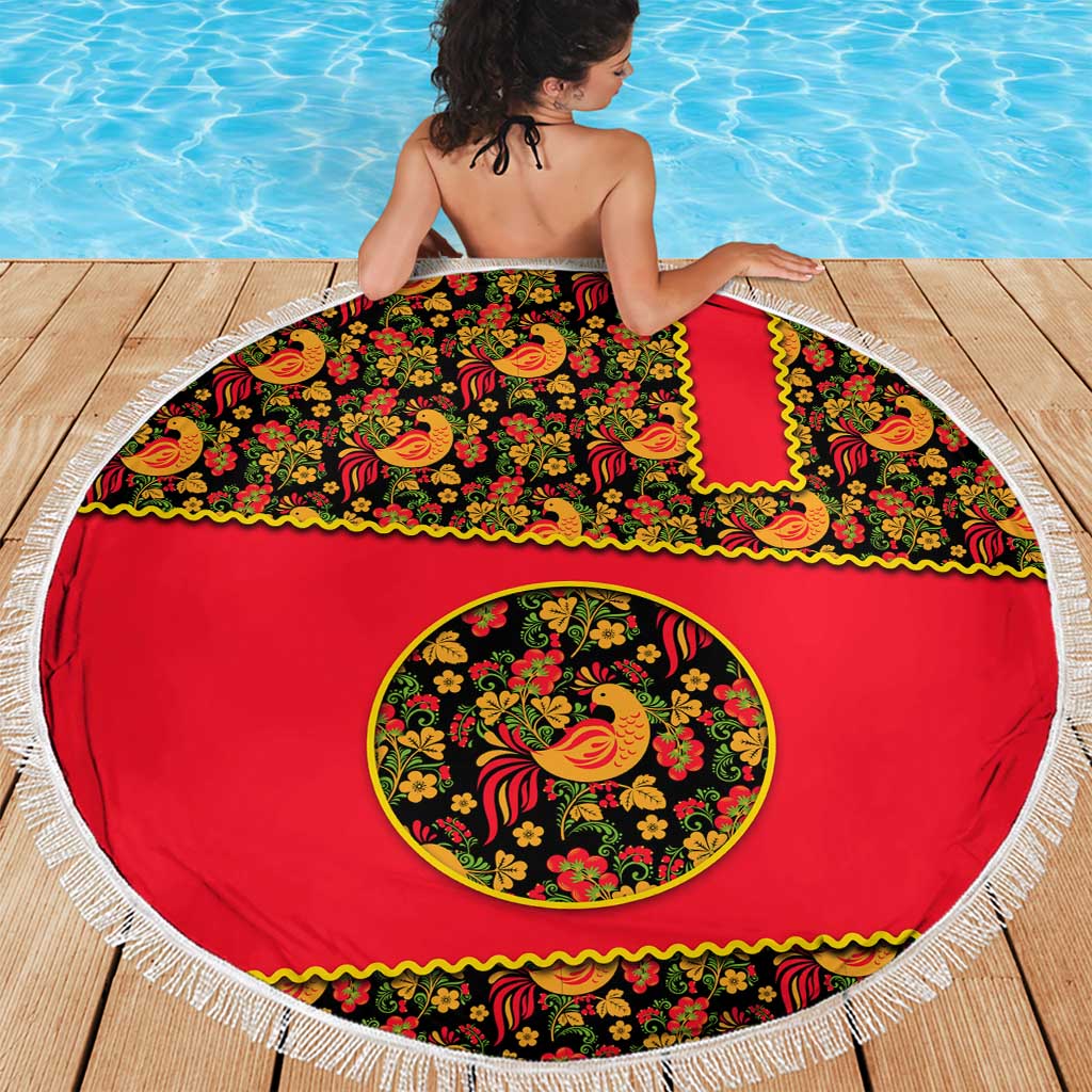 Russia Folk Art Beach Blanket with Khokhloma Pattern and Traditional Rooster Design