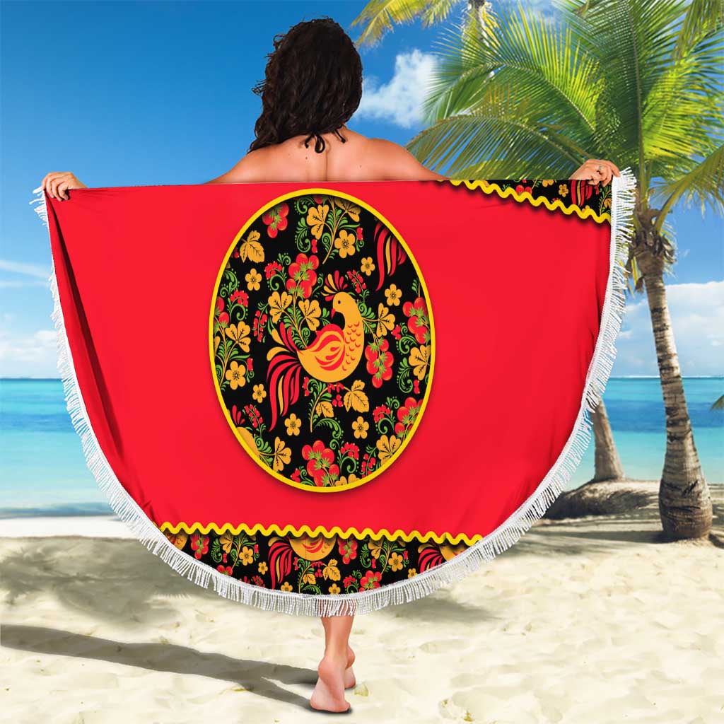 Russia Folk Art Beach Blanket with Khokhloma Pattern and Traditional Rooster Design