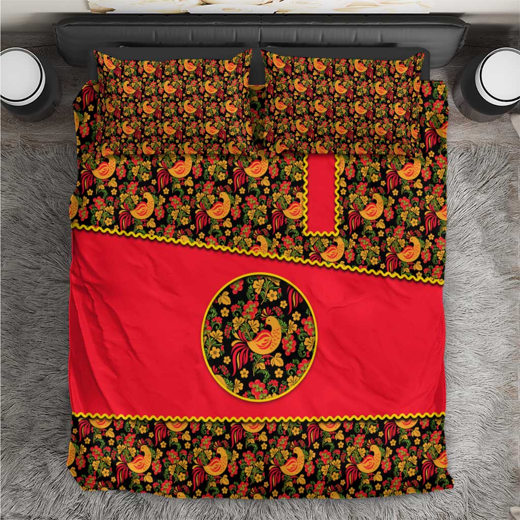 Russia Folk Art Bedding Set with Khokhloma Pattern and Traditional Rooster Design