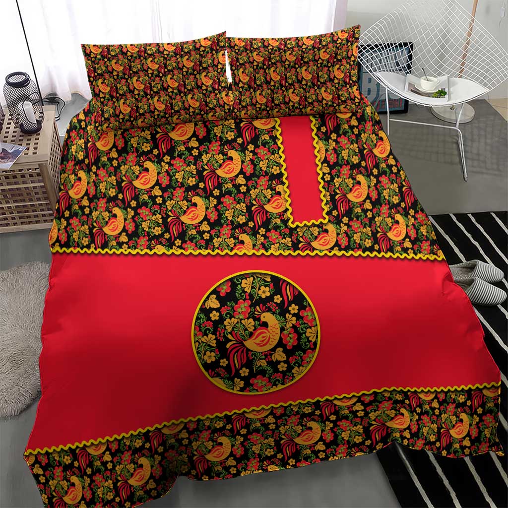 Russia Folk Art Bedding Set with Khokhloma Pattern and Traditional Rooster Design