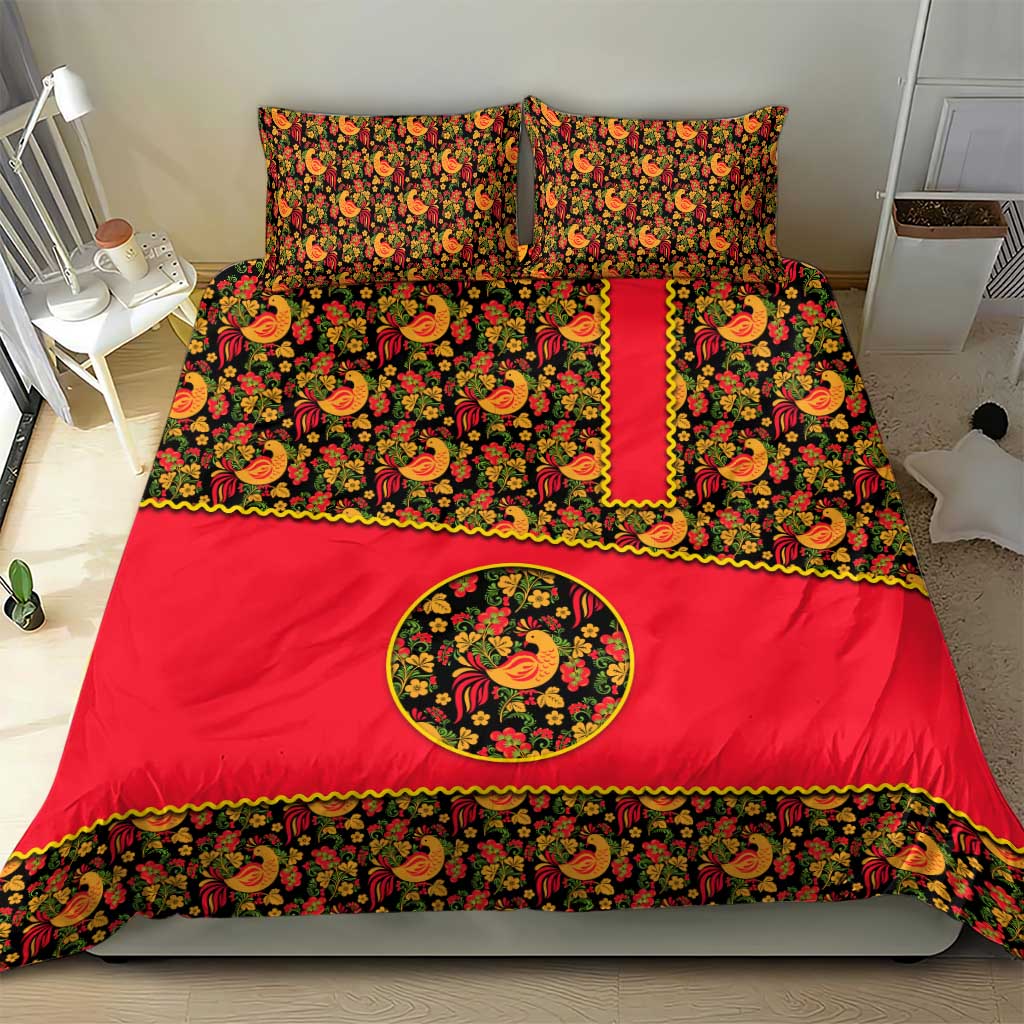 Russia Folk Art Bedding Set with Khokhloma Pattern and Traditional Rooster Design