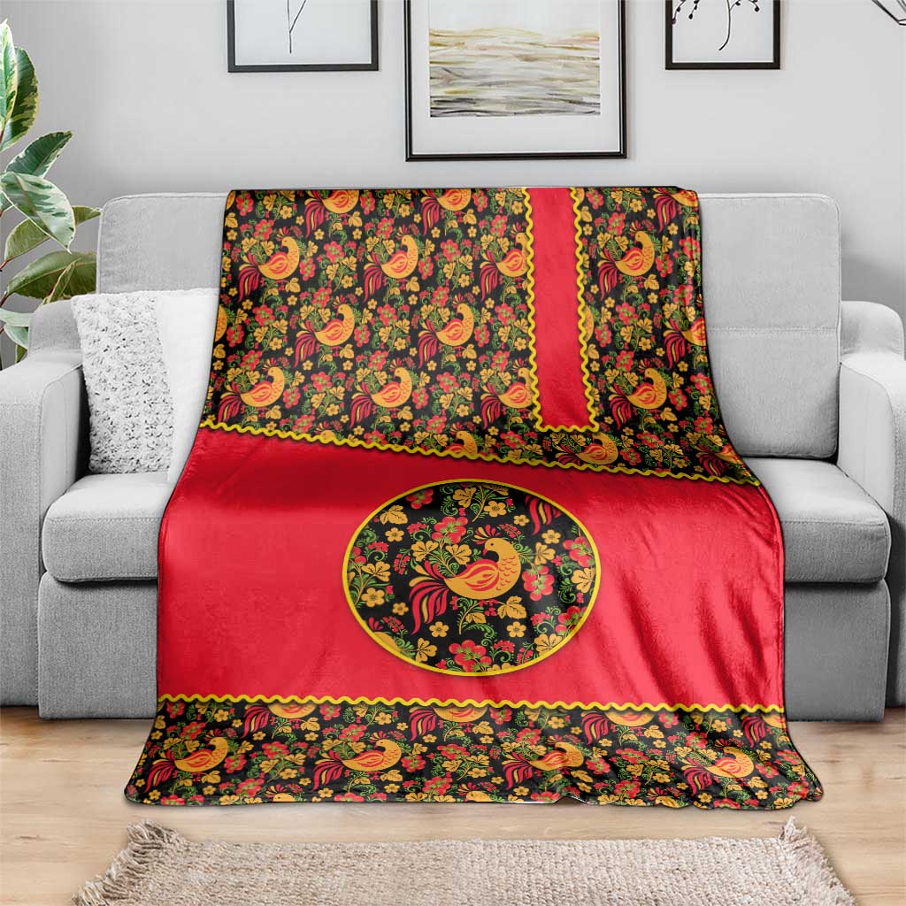 Russia Folk Art Blanket with Khokhloma Pattern and Traditional Rooster Design
