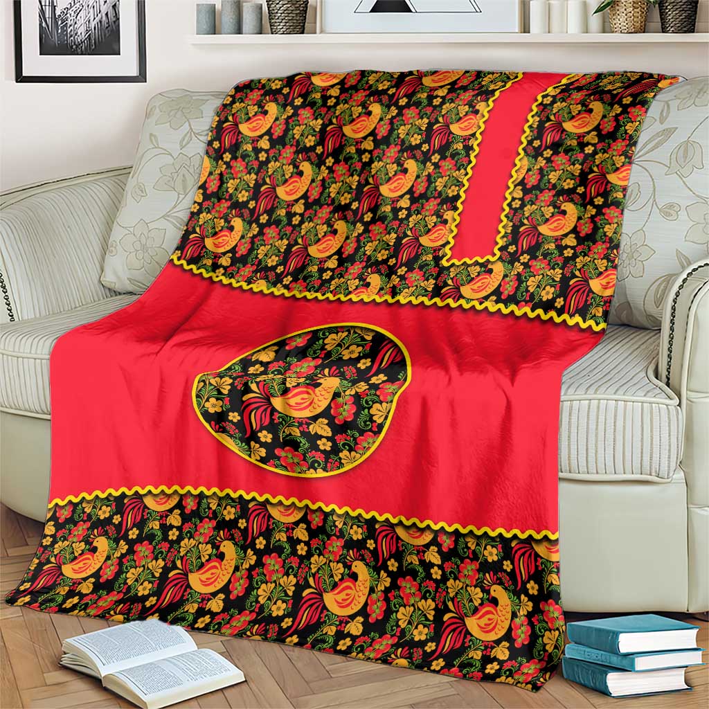 Russia Folk Art Blanket with Khokhloma Pattern and Traditional Rooster Design