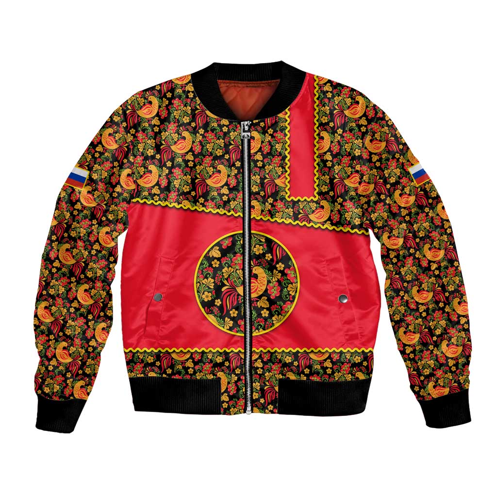 Russia Folk Art Bomber Jacket with Khokhloma Pattern and Traditional Rooster Design