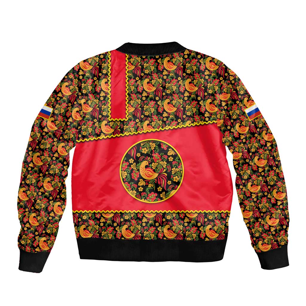 Russia Folk Art Bomber Jacket with Khokhloma Pattern and Traditional Rooster Design