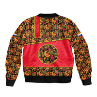 Russia Folk Art Bomber Jacket with Khokhloma Pattern and Traditional Rooster Design
