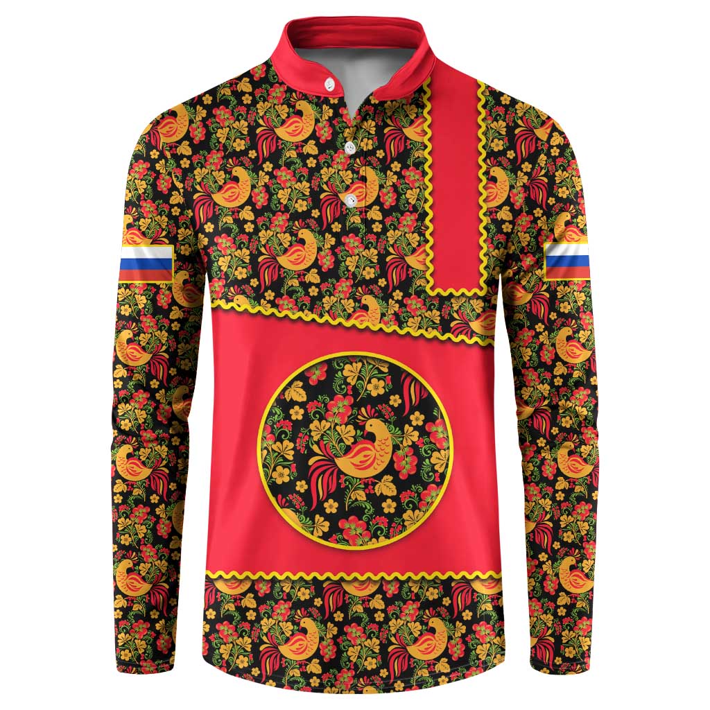 Russia Folk Art Button Sweatshirt with Khokhloma Pattern and Traditional Rooster Design