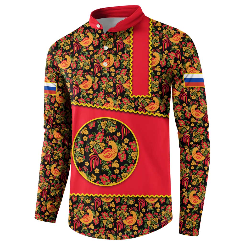 Russia Folk Art Button Sweatshirt with Khokhloma Pattern and Traditional Rooster Design