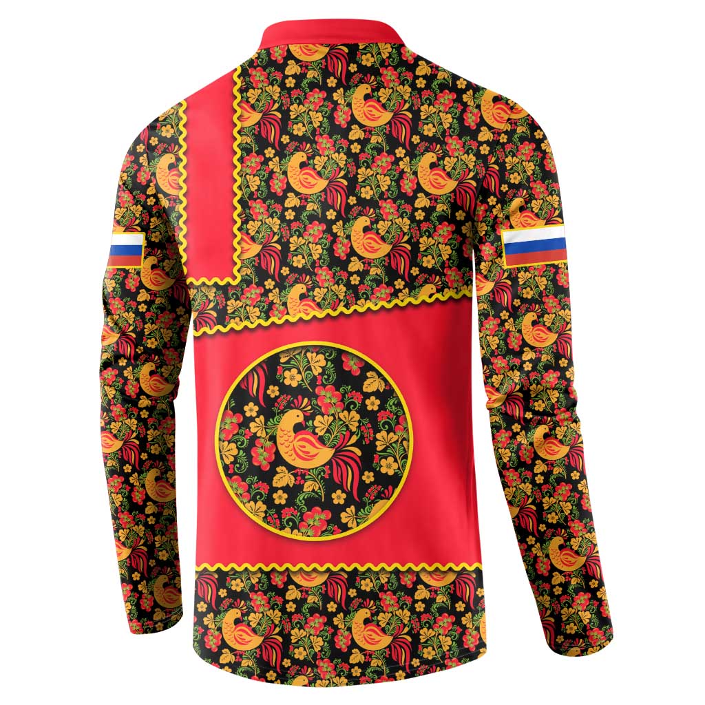 Russia Folk Art Button Sweatshirt with Khokhloma Pattern and Traditional Rooster Design
