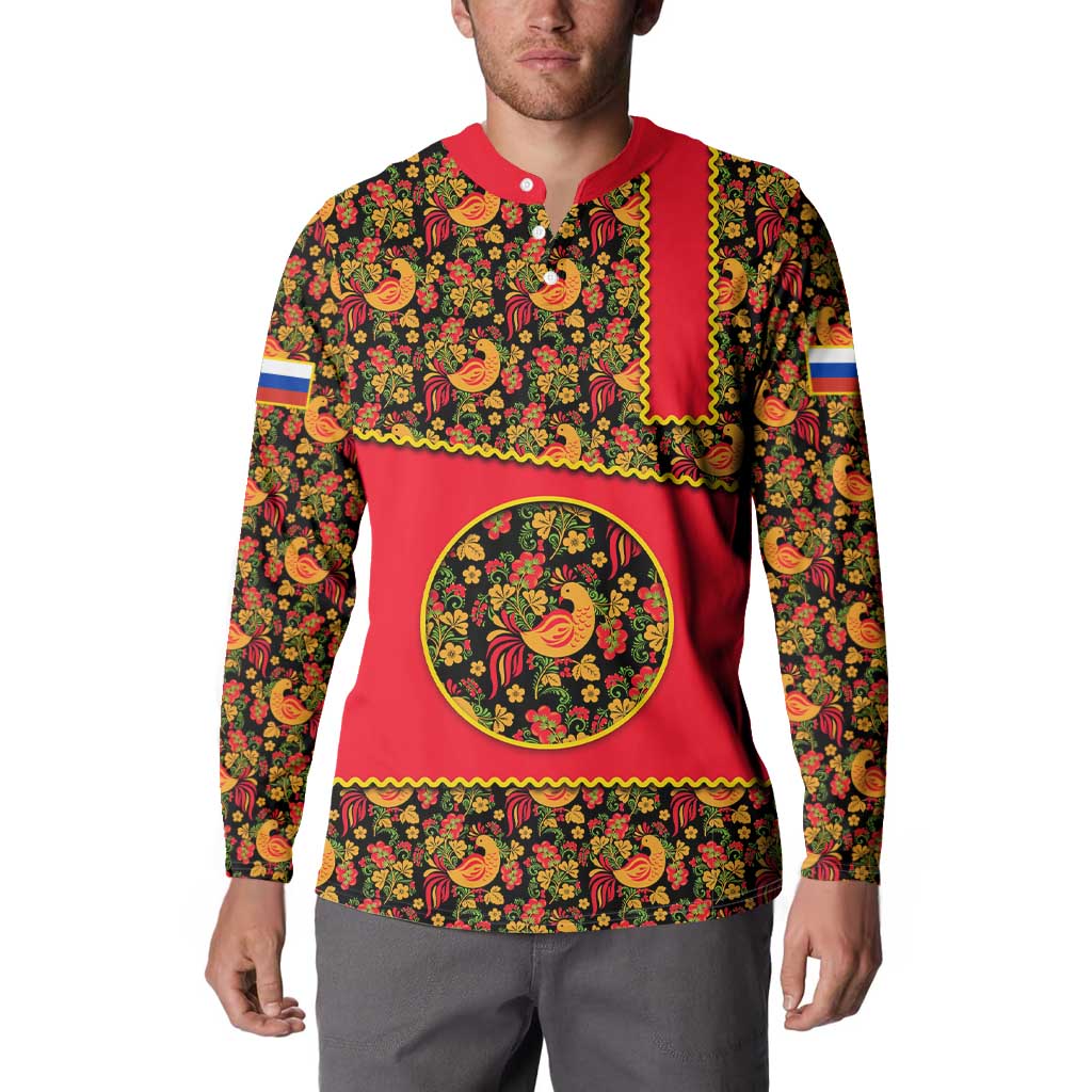 Russia Folk Art Button Sweatshirt with Khokhloma Pattern and Traditional Rooster Design