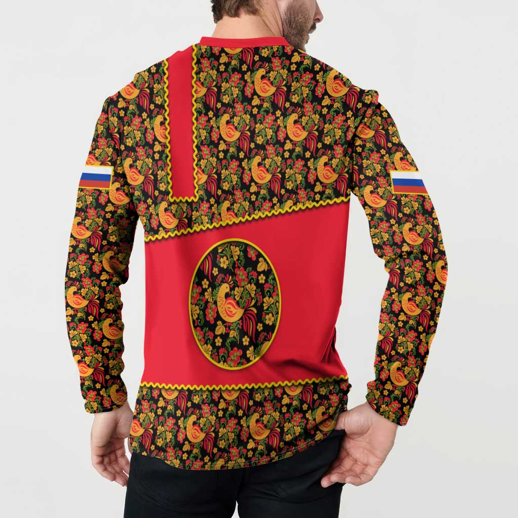 Russia Folk Art Button Sweatshirt with Khokhloma Pattern and Traditional Rooster Design