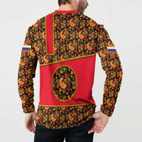 Russia Folk Art Button Sweatshirt with Khokhloma Pattern and Traditional Rooster Design