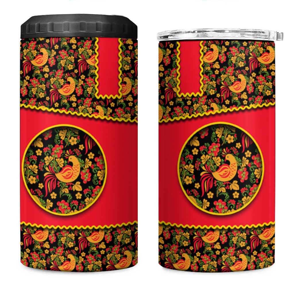 Russia Folk Art 4 in 1 Can Cooler Tumbler with Khokhloma Pattern and Traditional Rooster Design
