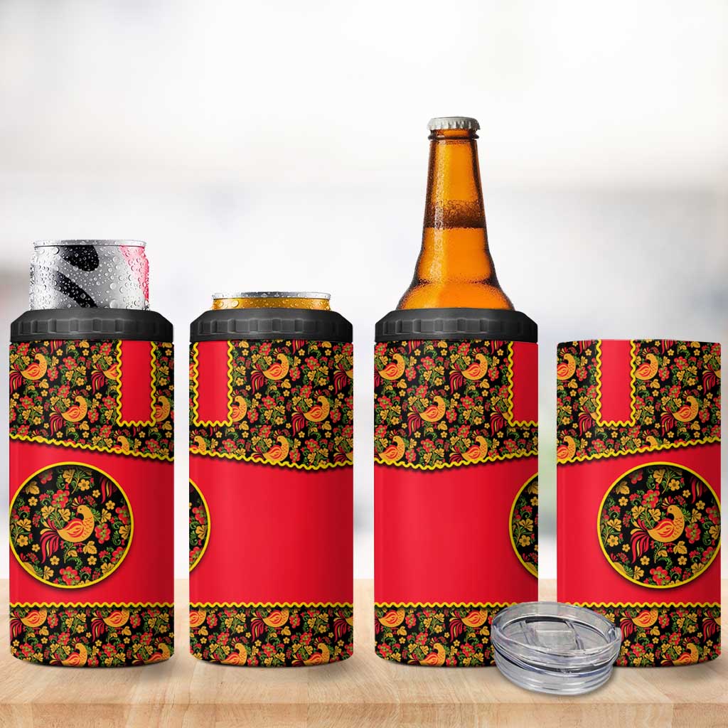 Russia Folk Art 4 in 1 Can Cooler Tumbler with Khokhloma Pattern and Traditional Rooster Design