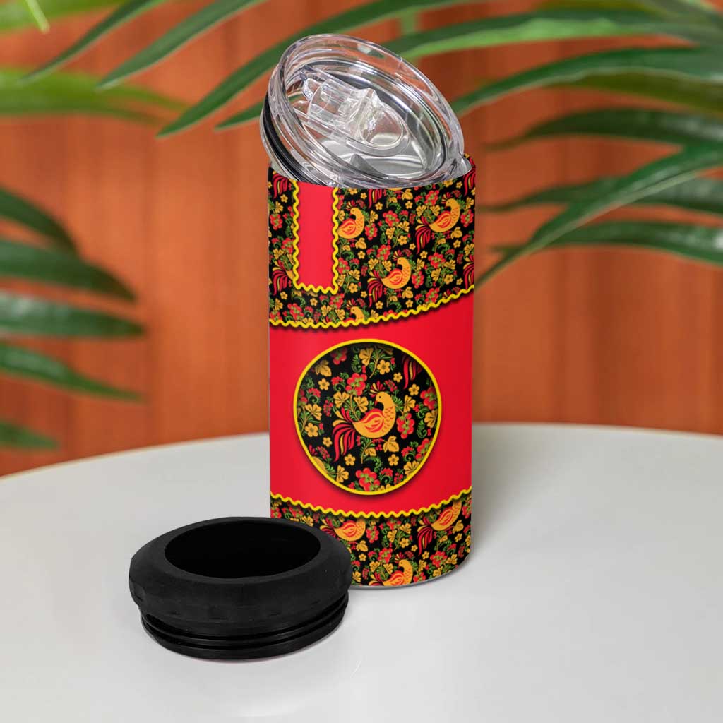 Russia Folk Art 4 in 1 Can Cooler Tumbler with Khokhloma Pattern and Traditional Rooster Design