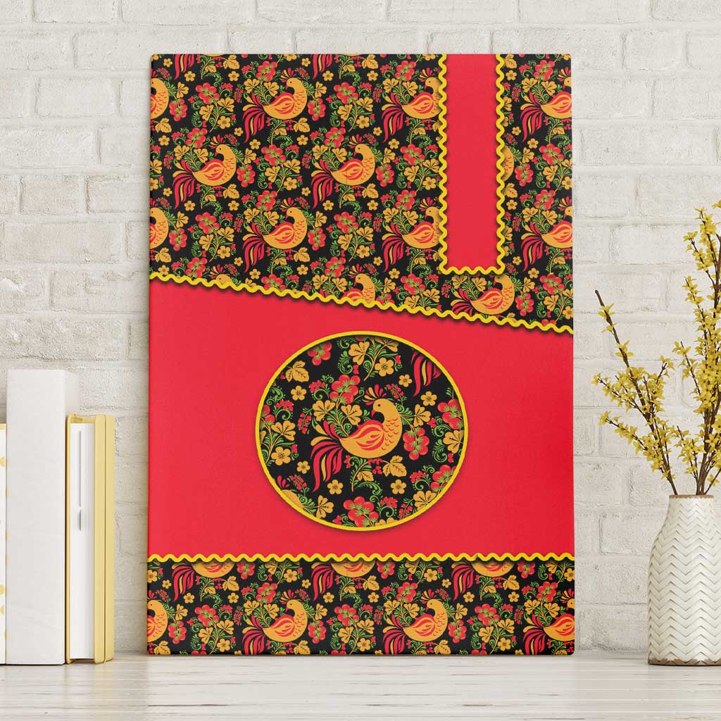 Russia Folk Art Canvas Wall Art with Khokhloma Pattern and Traditional Rooster Design