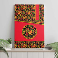 Russia Folk Art Canvas Wall Art with Khokhloma Pattern and Traditional Rooster Design