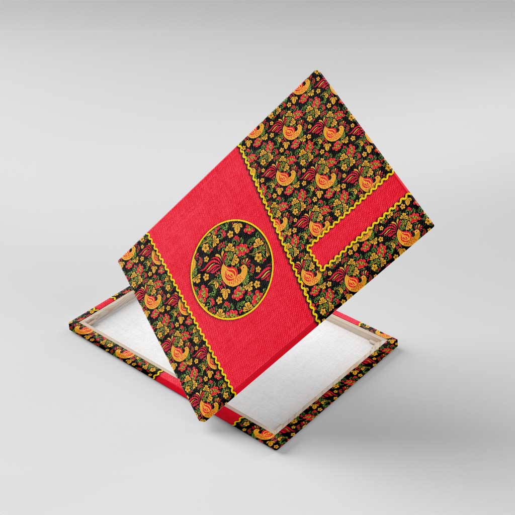 Russia Folk Art Canvas Wall Art with Khokhloma Pattern and Traditional Rooster Design