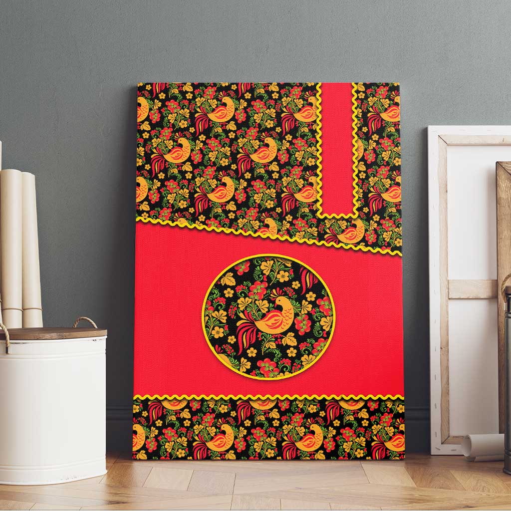 Russia Folk Art Canvas Wall Art with Khokhloma Pattern and Traditional Rooster Design