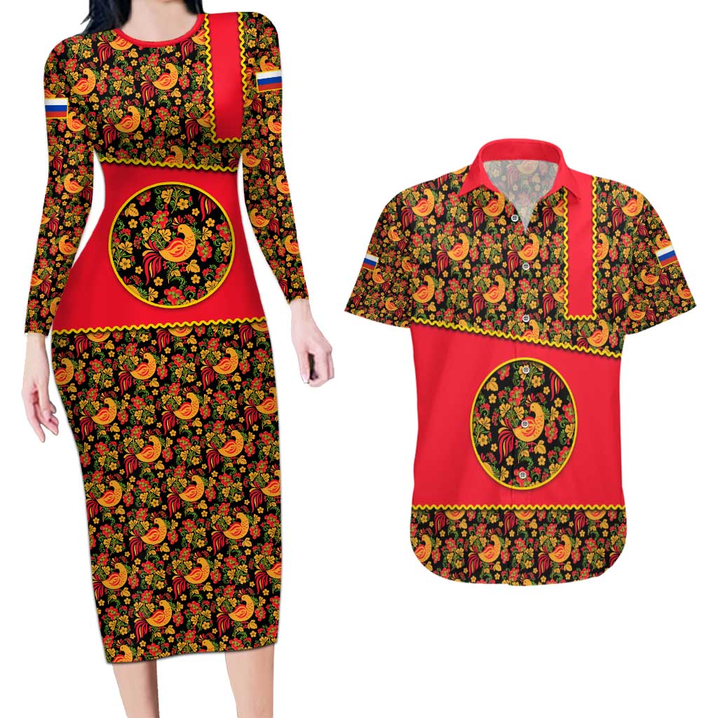 Russia Folk Art Couples Matching Long Sleeve Bodycon Dress and Hawaiian Shirt with Khokhloma Pattern and Traditional Rooster Design