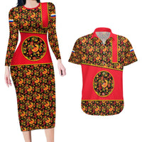 Russia Folk Art Couples Matching Long Sleeve Bodycon Dress and Hawaiian Shirt with Khokhloma Pattern and Traditional Rooster Design