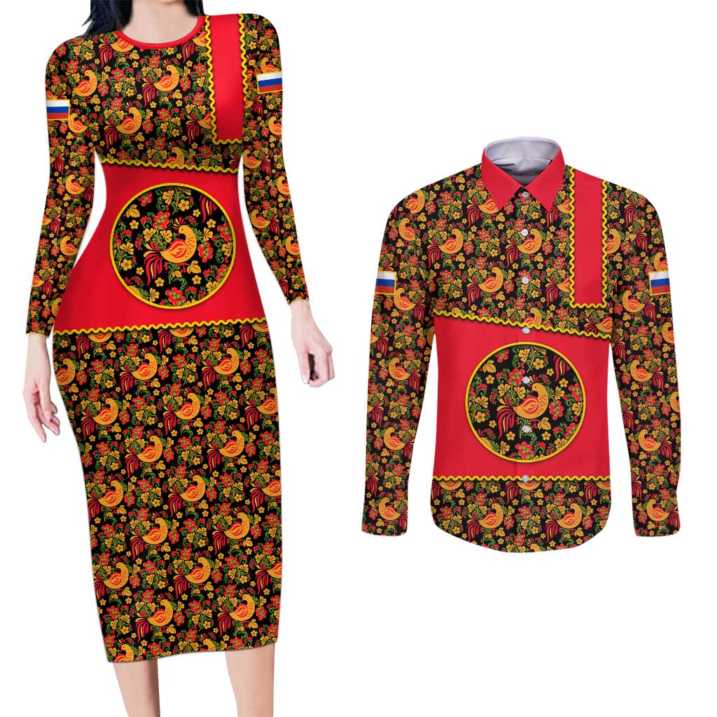 Russia Folk Art Couples Matching Long Sleeve Bodycon Dress and Long Sleeve Button Shirt with Khokhloma Pattern and Traditional Rooster Design