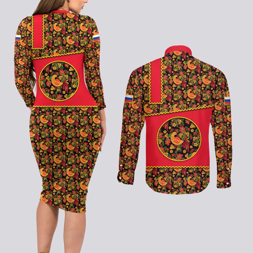 Russia Folk Art Couples Matching Long Sleeve Bodycon Dress and Long Sleeve Button Shirt with Khokhloma Pattern and Traditional Rooster Design