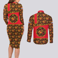 Russia Folk Art Couples Matching Long Sleeve Bodycon Dress and Long Sleeve Button Shirt with Khokhloma Pattern and Traditional Rooster Design