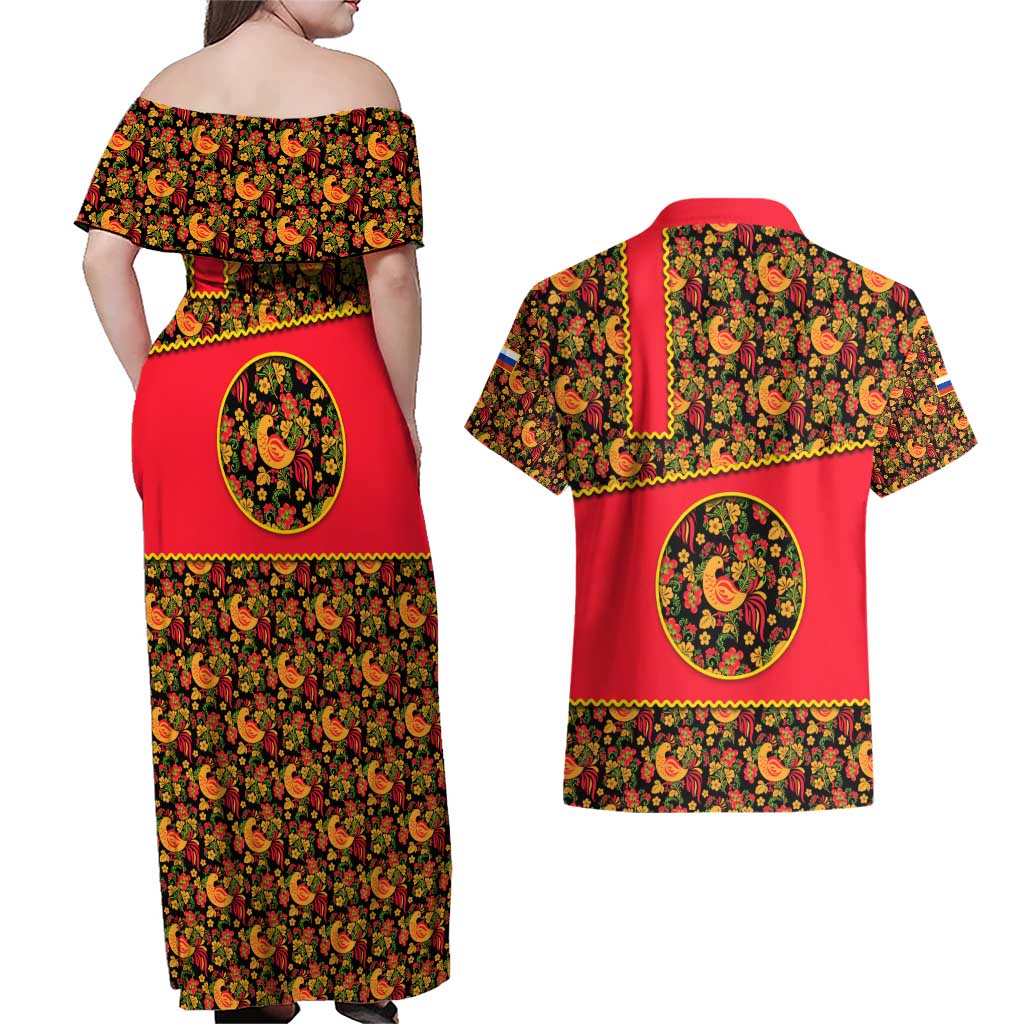 Russia Folk Art Couples Matching Off Shoulder Maxi Dress and Hawaiian Shirt with Khokhloma Pattern and Traditional Rooster Design