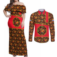 Russia Folk Art Couples Matching Off Shoulder Maxi Dress and Long Sleeve Button Shirt with Khokhloma Pattern and Traditional Rooster Design