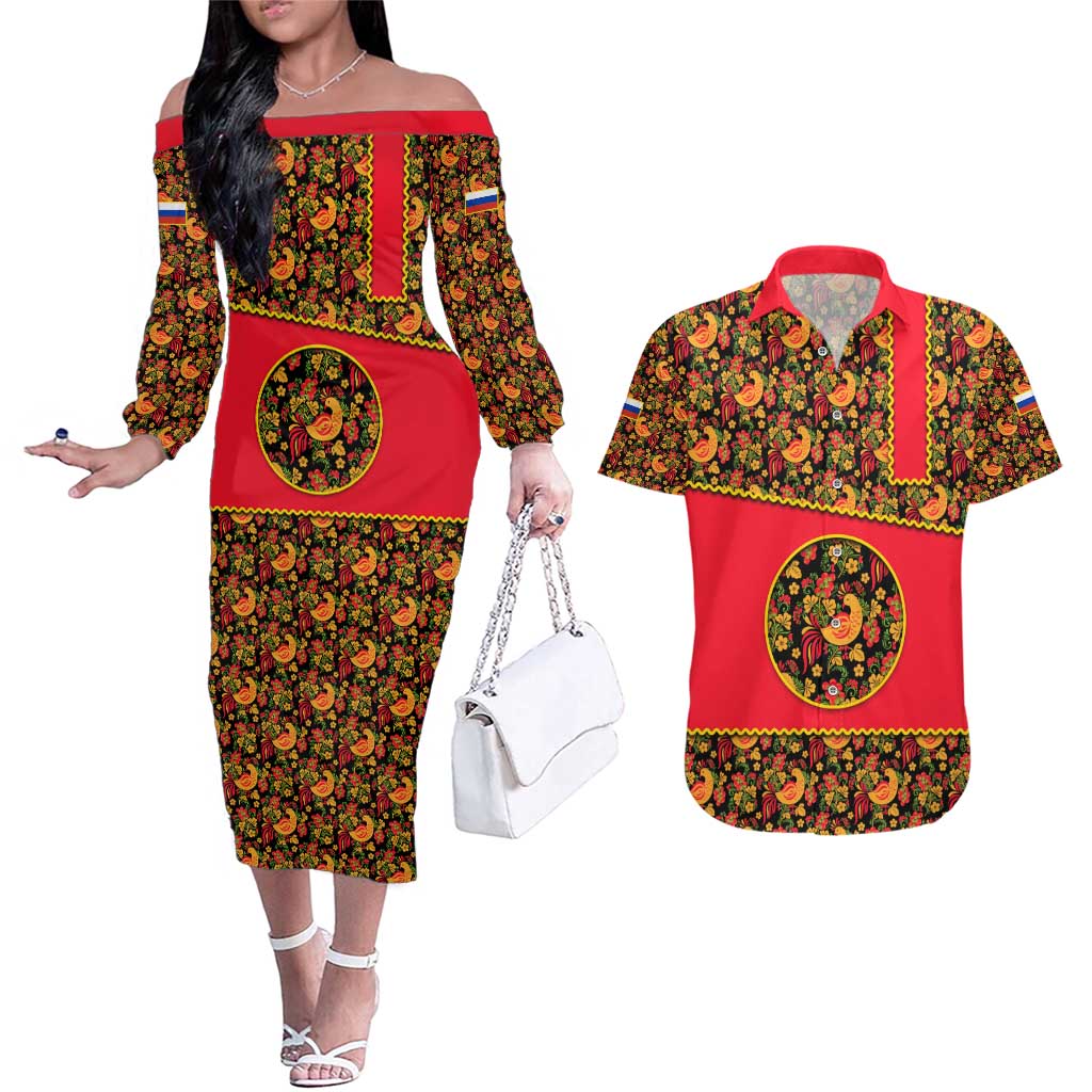 Russia Folk Art Couples Matching Off The Shoulder Long Sleeve Dress and Hawaiian Shirt with Khokhloma Pattern and Traditional Rooster Design