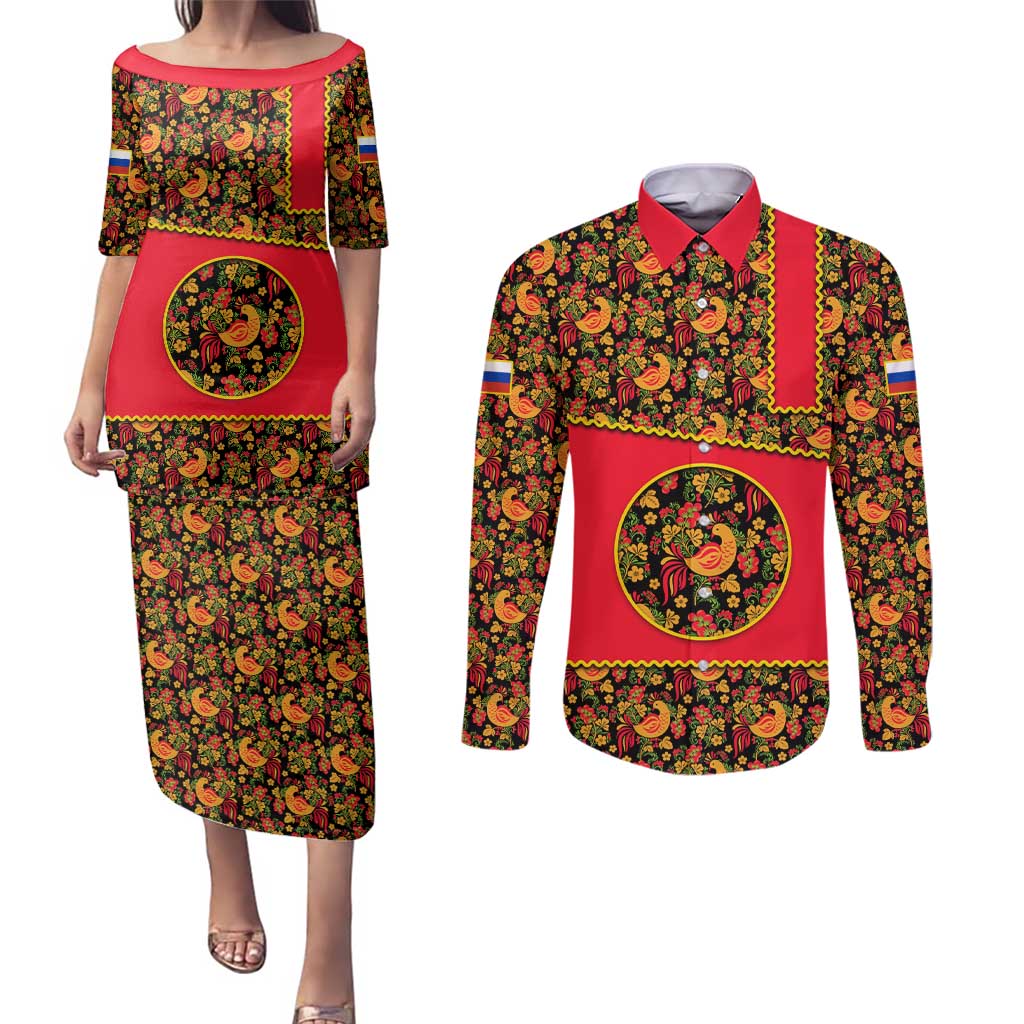 Russia Folk Art Couples Matching Puletasi and Long Sleeve Button Shirt with Khokhloma Pattern and Traditional Rooster Design