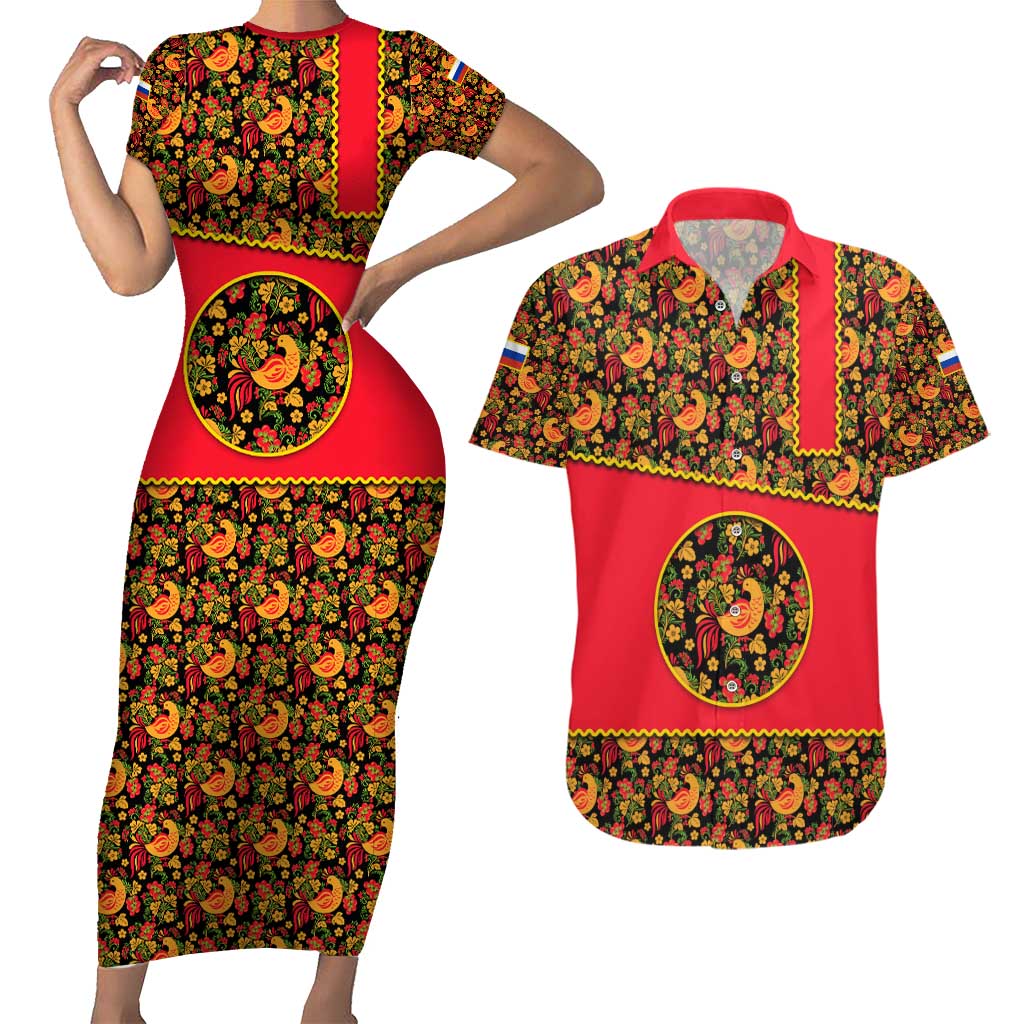 Russia Folk Art Couples Matching Short Sleeve Bodycon Dress and Hawaiian Shirt with Khokhloma Pattern and Traditional Rooster Design