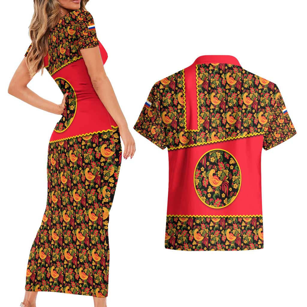 Russia Folk Art Couples Matching Short Sleeve Bodycon Dress and Hawaiian Shirt with Khokhloma Pattern and Traditional Rooster Design