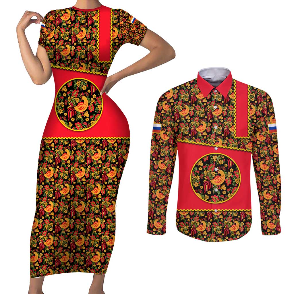 Russia Folk Art Couples Matching Short Sleeve Bodycon Dress and Long Sleeve Button Shirt with Khokhloma Pattern and Traditional Rooster Design