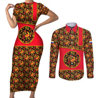 Russia Folk Art Couples Matching Short Sleeve Bodycon Dress and Long Sleeve Button Shirt with Khokhloma Pattern and Traditional Rooster Design