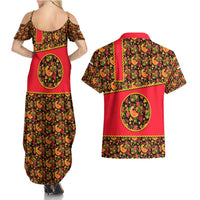 Russia Folk Art Couples Matching Summer Maxi Dress and Hawaiian Shirt with Khokhloma Pattern and Traditional Rooster Design