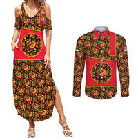 Russia Folk Art Couples Matching Summer Maxi Dress and Long Sleeve Button Shirt with Khokhloma Pattern and Traditional Rooster Design