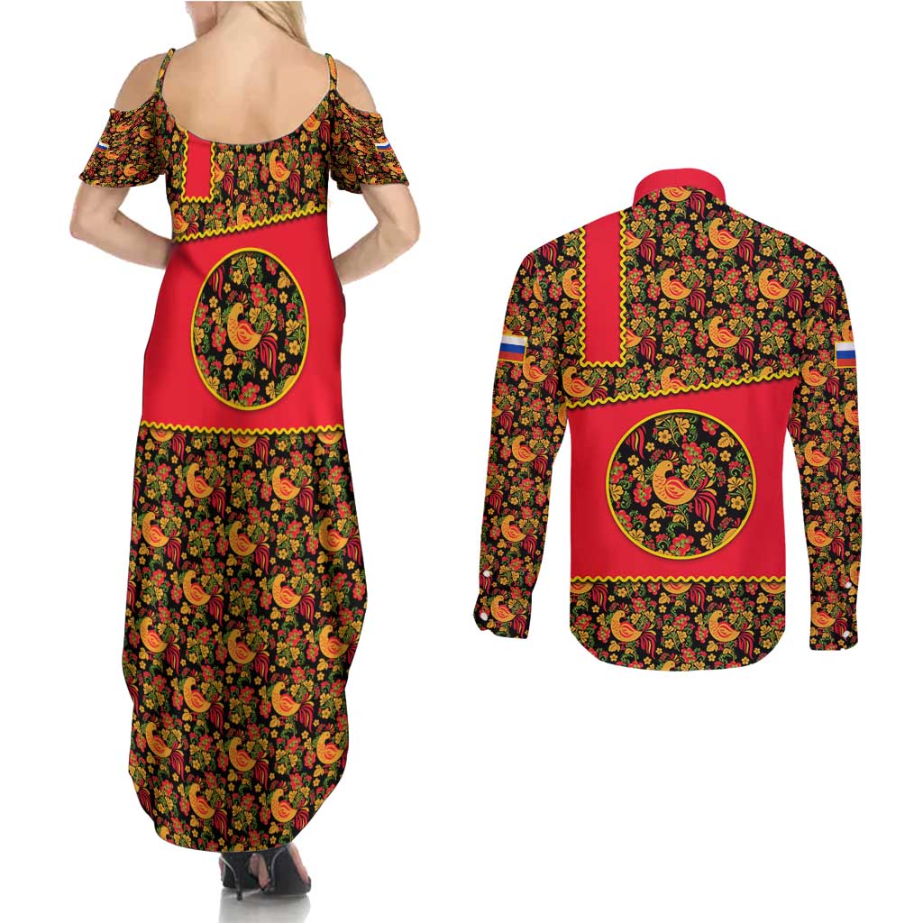 Russia Folk Art Couples Matching Summer Maxi Dress and Long Sleeve Button Shirt with Khokhloma Pattern and Traditional Rooster Design