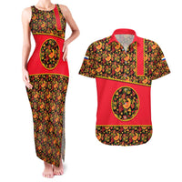Russia Folk Art Couples Matching Tank Maxi Dress and Hawaiian Shirt with Khokhloma Pattern and Traditional Rooster Design