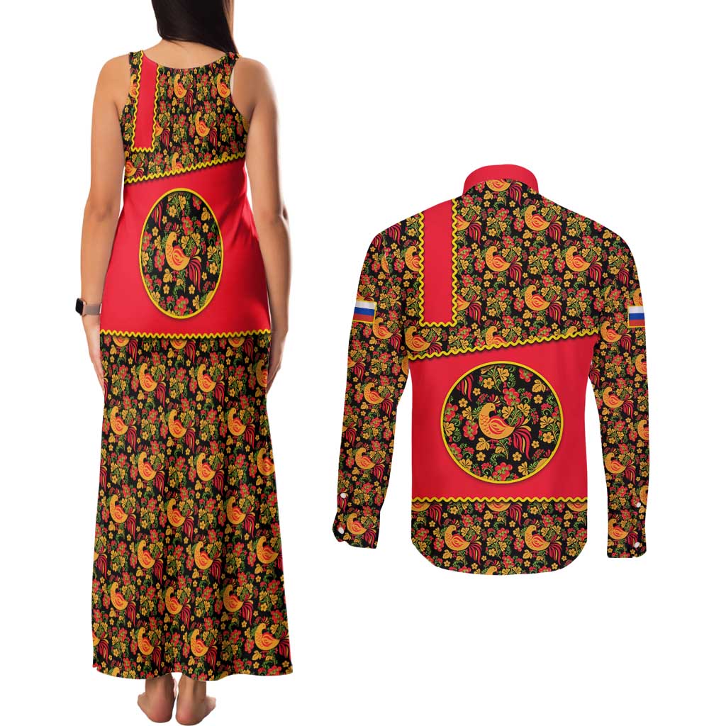 Russia Folk Art Couples Matching Tank Maxi Dress and Long Sleeve Button Shirt with Khokhloma Pattern and Traditional Rooster Design