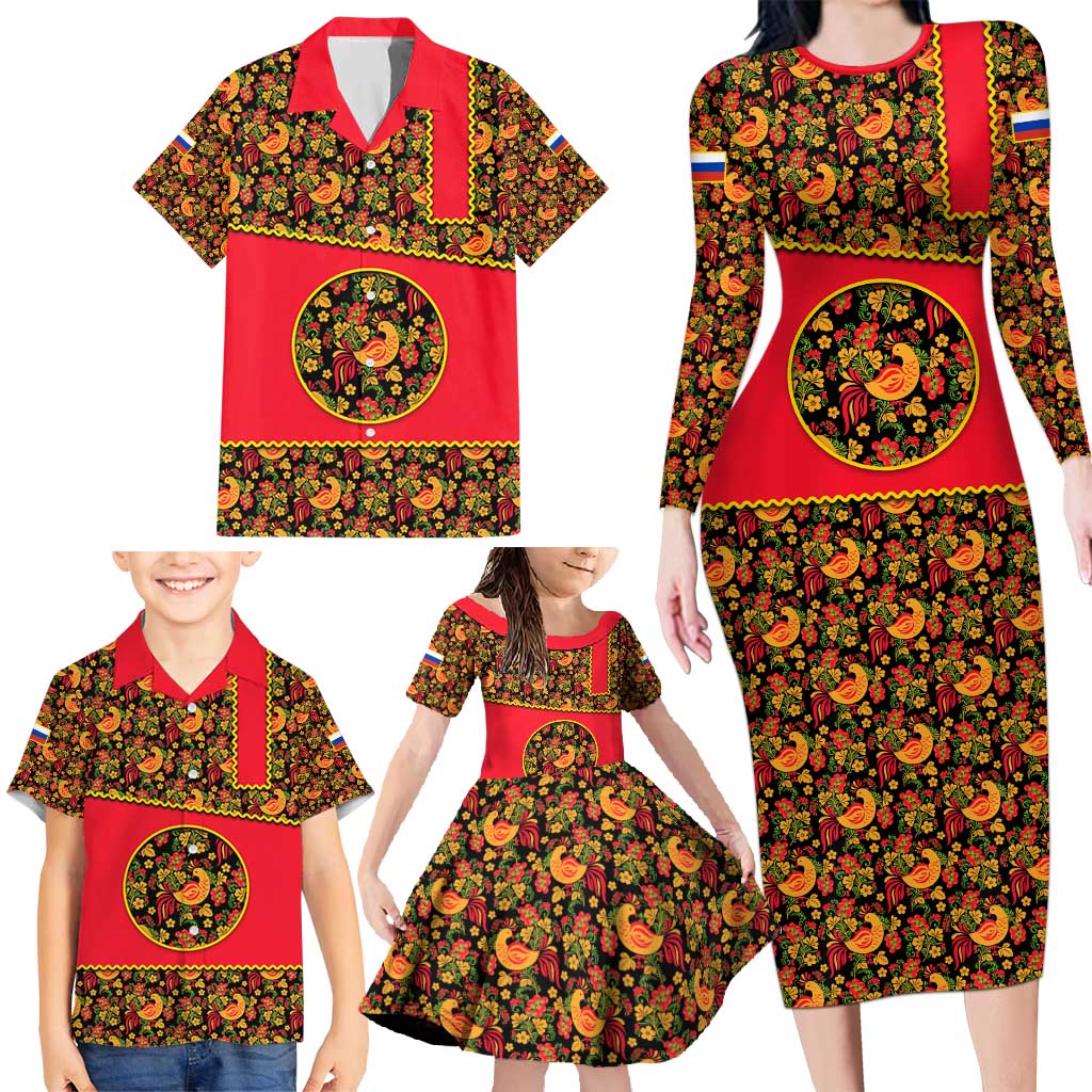 Russia Folk Art Family Matching Long Sleeve Bodycon Dress and Hawaiian Shirt with Khokhloma Pattern and Traditional Rooster Design