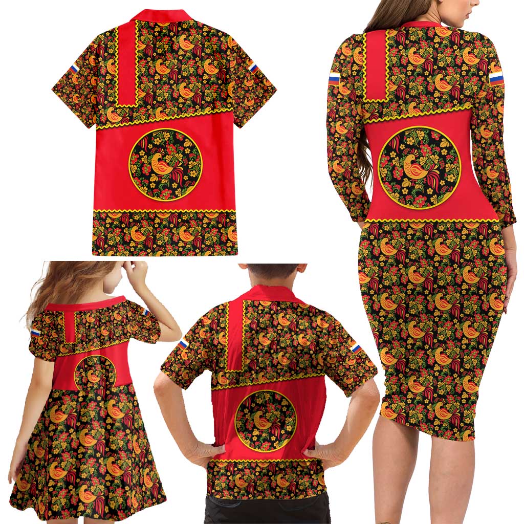 Russia Folk Art Family Matching Long Sleeve Bodycon Dress and Hawaiian Shirt with Khokhloma Pattern and Traditional Rooster Design
