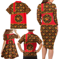 Russia Folk Art Family Matching Long Sleeve Bodycon Dress and Hawaiian Shirt with Khokhloma Pattern and Traditional Rooster Design