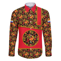 Russia Folk Art Family Matching Long Sleeve Bodycon Dress and Hawaiian Shirt with Khokhloma Pattern and Traditional Rooster Design