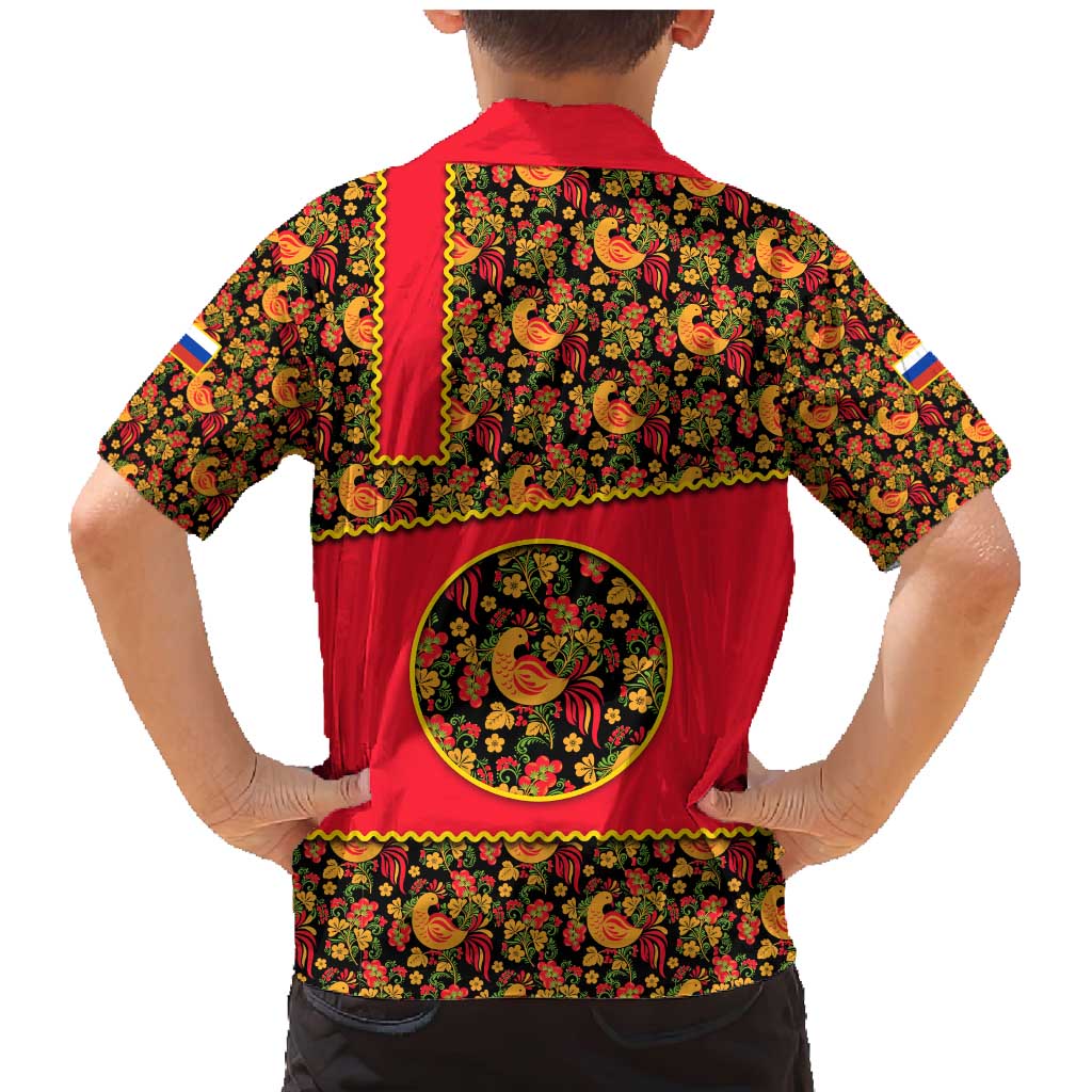 Russia Folk Art Family Matching Mermaid Dress and Hawaiian Shirt with Khokhloma Pattern and Traditional Rooster Design