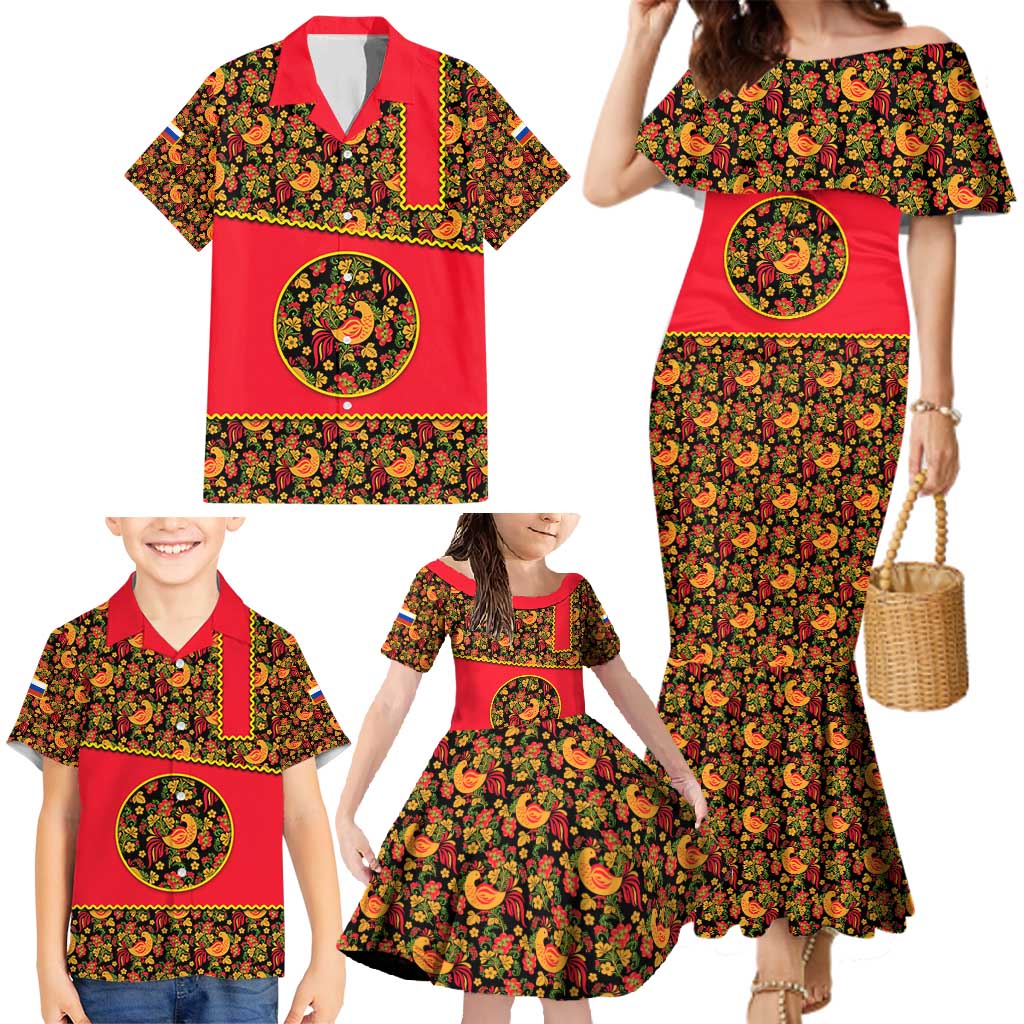 Russia Folk Art Family Matching Mermaid Dress and Hawaiian Shirt with Khokhloma Pattern and Traditional Rooster Design