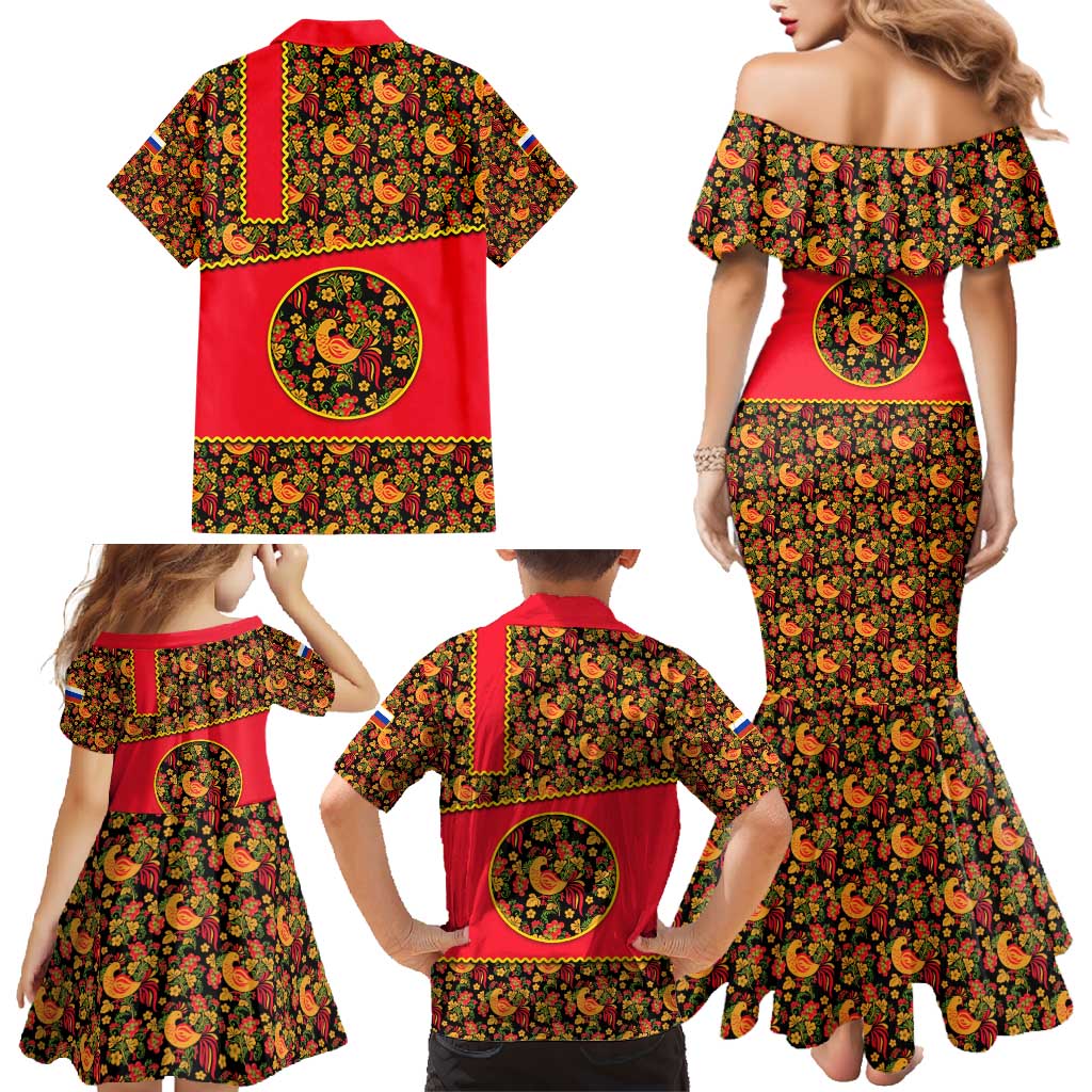Russia Folk Art Family Matching Mermaid Dress and Hawaiian Shirt with Khokhloma Pattern and Traditional Rooster Design